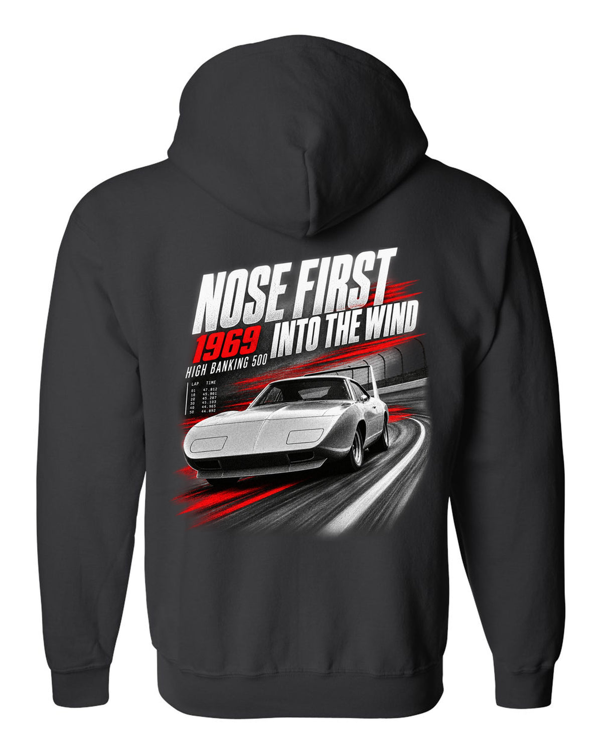 1969 Dodge Charger Daytona race poster print with nose first into the wind lettering black zip hoodie back view with the design