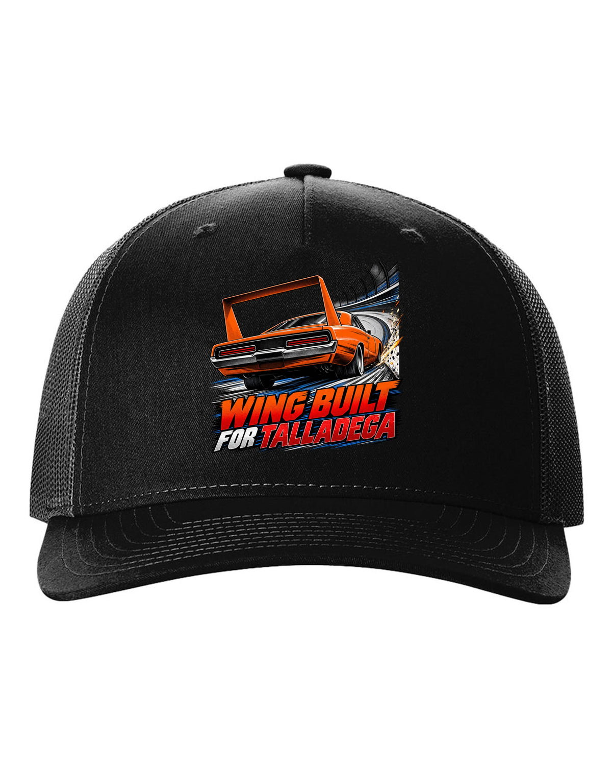 Retro manga halftone panel of a 1969 Dodge Charger Daytona with wing speed lines and Talladega text black hat front view with the design