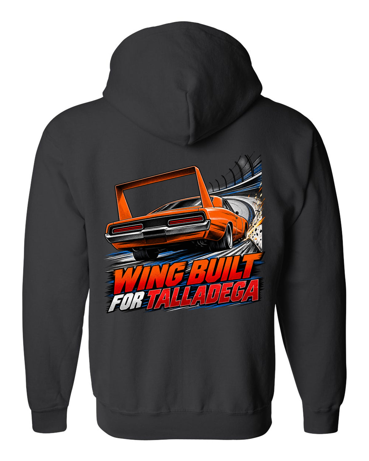 Retro manga halftone panel of a 1969 Dodge Charger Daytona with wing speed lines and Talladega text black zip hoodie back view with the design