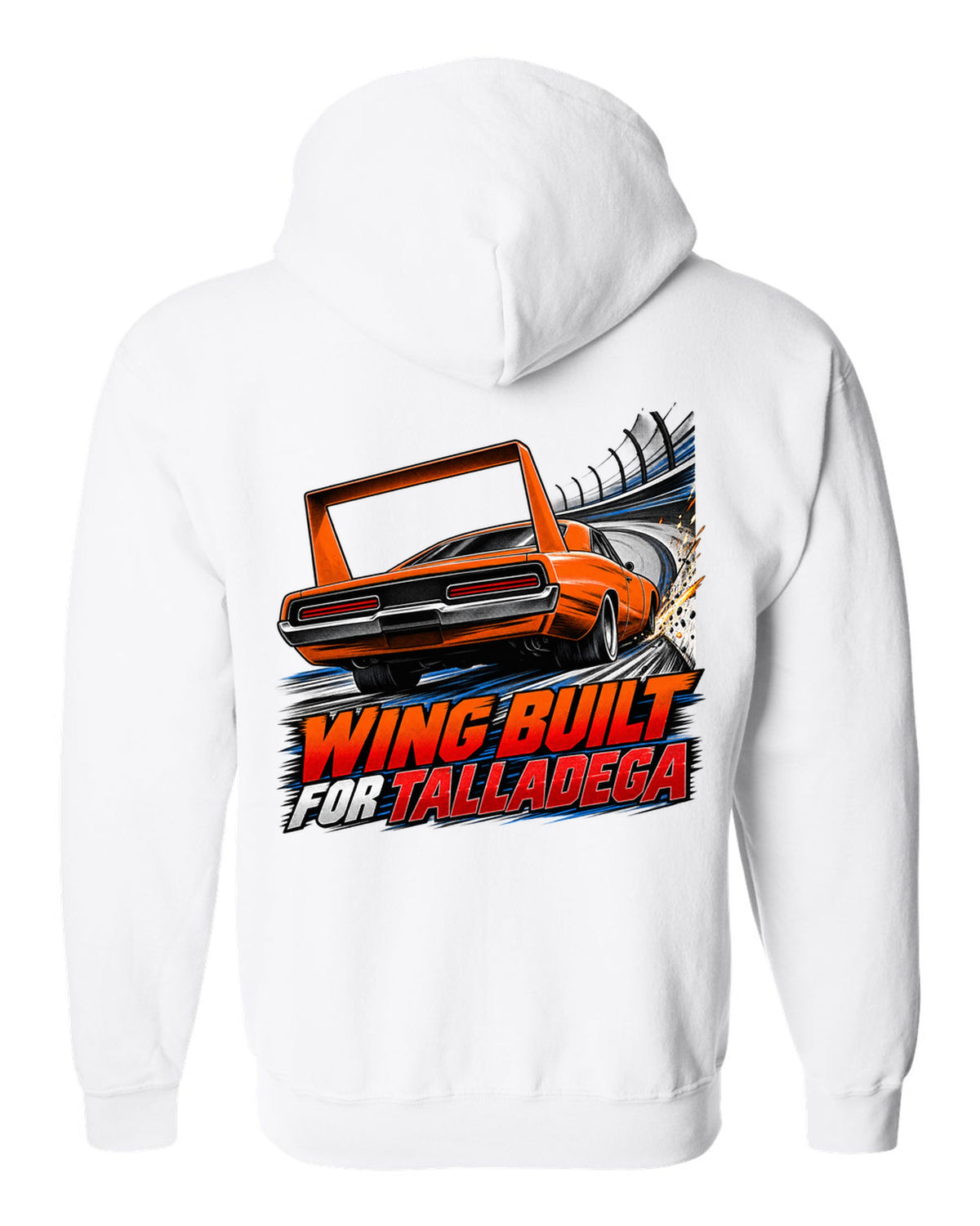 Retro manga halftone panel of a 1969 Dodge Charger Daytona with wing speed lines and Talladega text white zip hoodie back view with the design