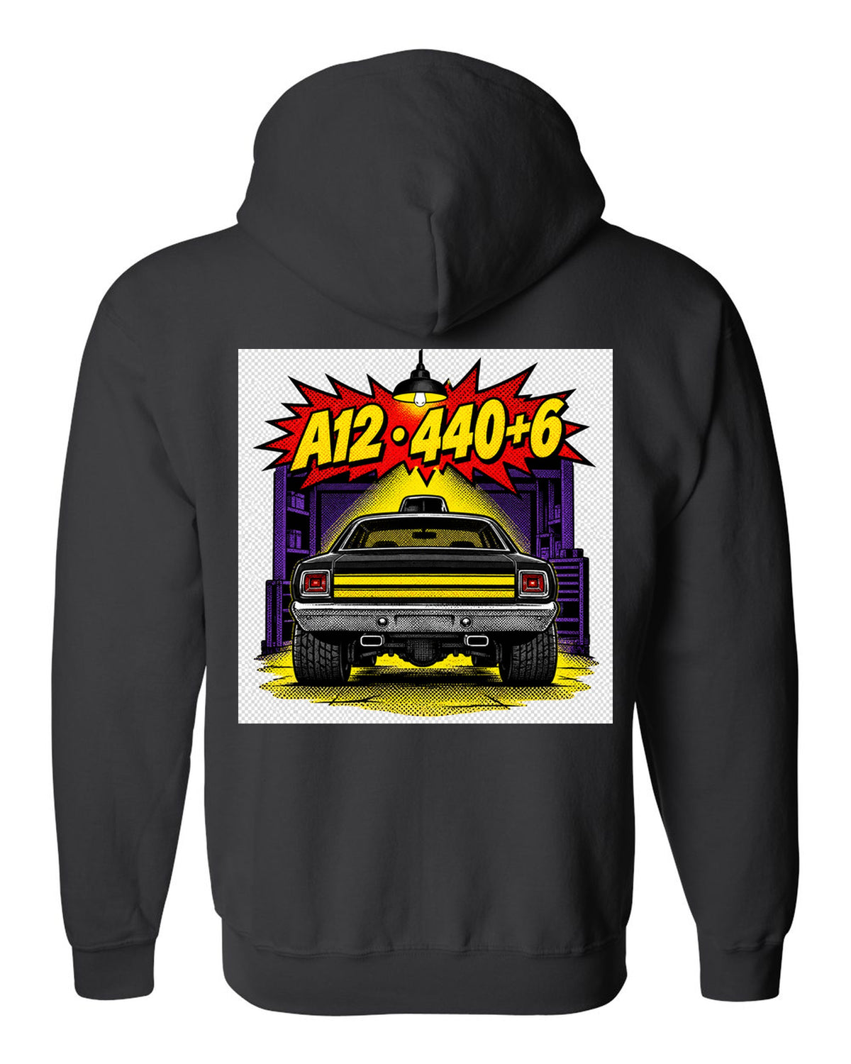 1969 Dodge Coronet Super Bee A12 comic halftone pop-art print with A12 440+6 text black zip hoodie back view with the design