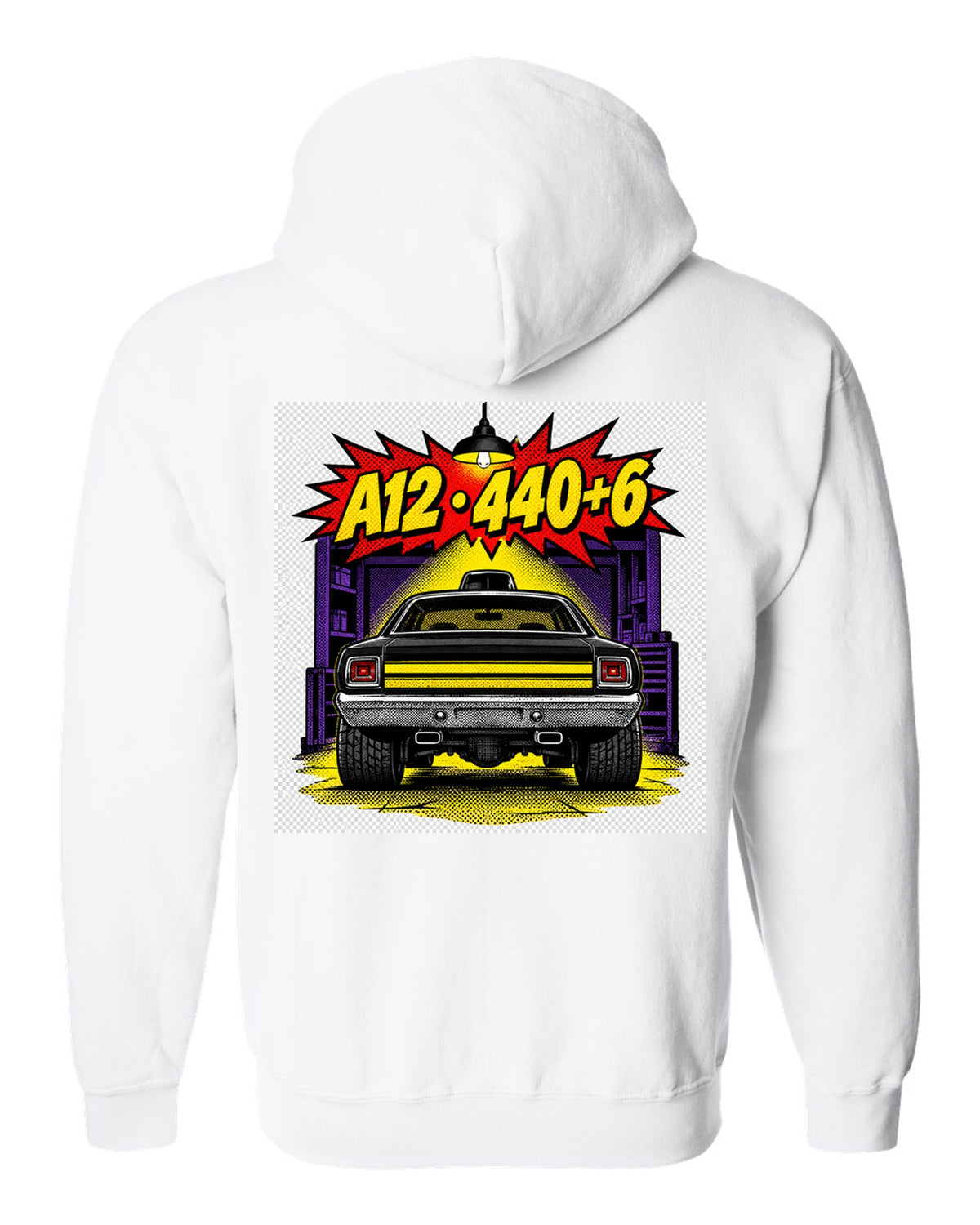 1969 Dodge Coronet Super Bee A12 comic halftone pop-art print with A12 440+6 text white zip hoodie back view with the design