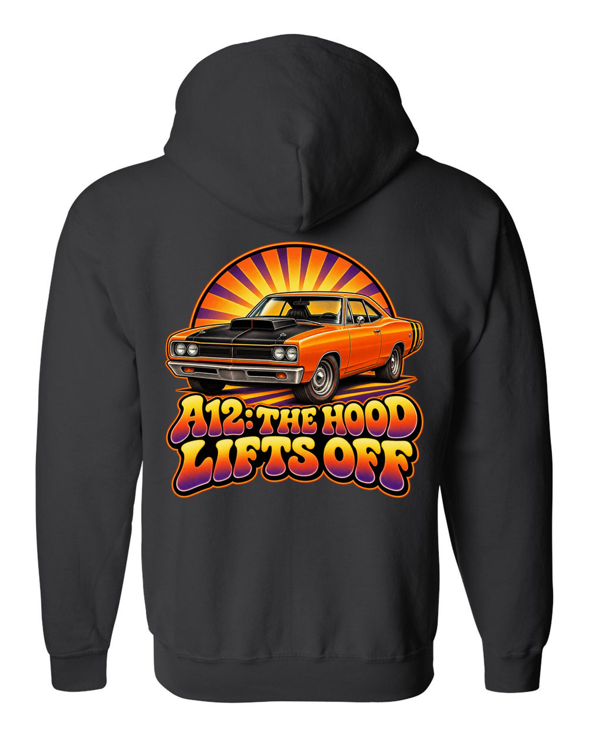 Retro 70s airbrush sunburst design with a 1969 Dodge Coronet Super Bee A12 and lift-off hood text black zip hoodie back view with the design