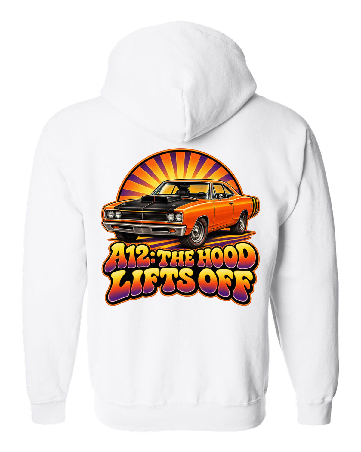 Retro 70s airbrush sunburst design with a 1969 Dodge Coronet Super Bee A12 and lift-off hood text white zip hoodie back view with the design