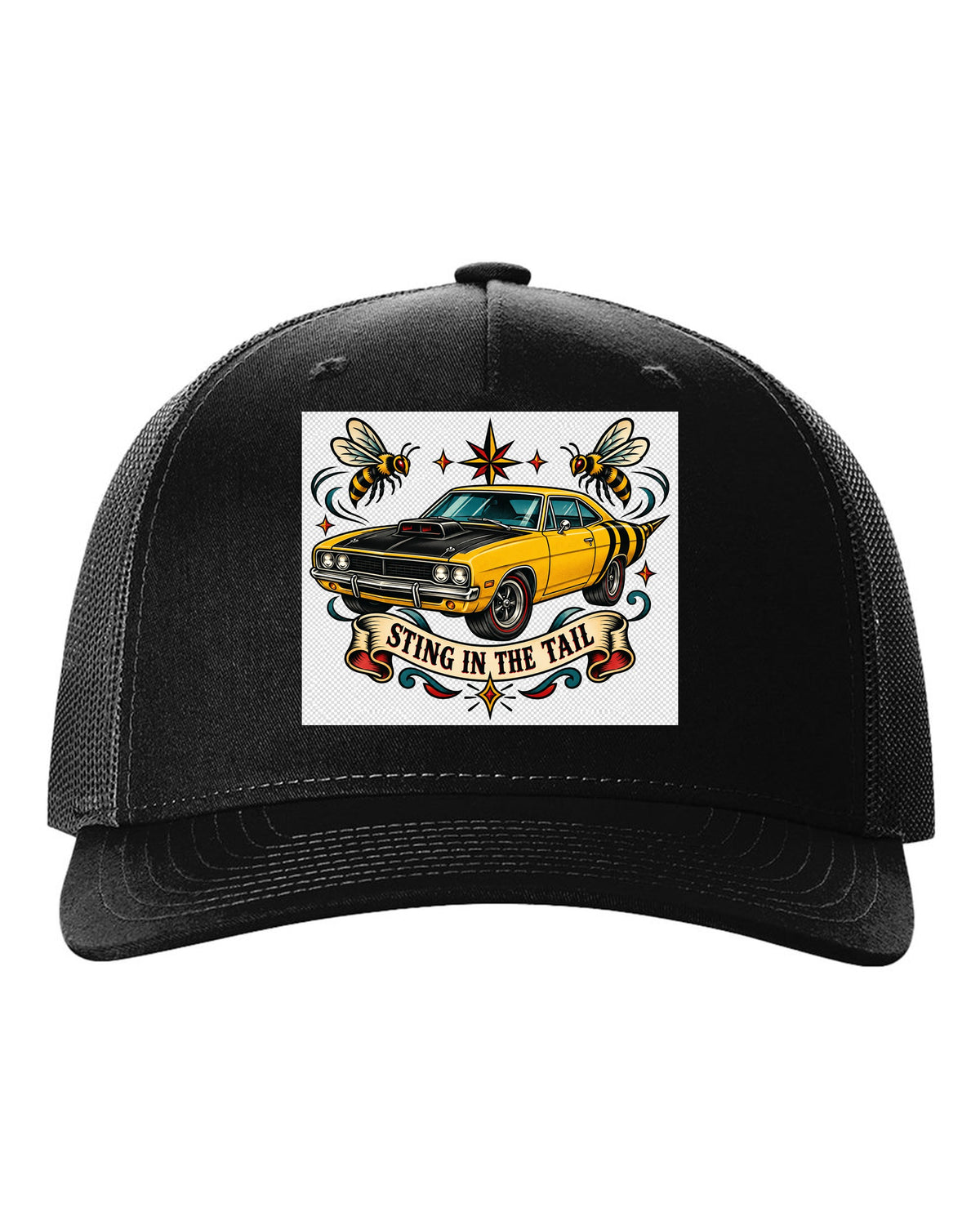Hand-drawn tattoo flash print of a 1969 Dodge Coronet Super Bee with sting in the tail text black hat front view with the design