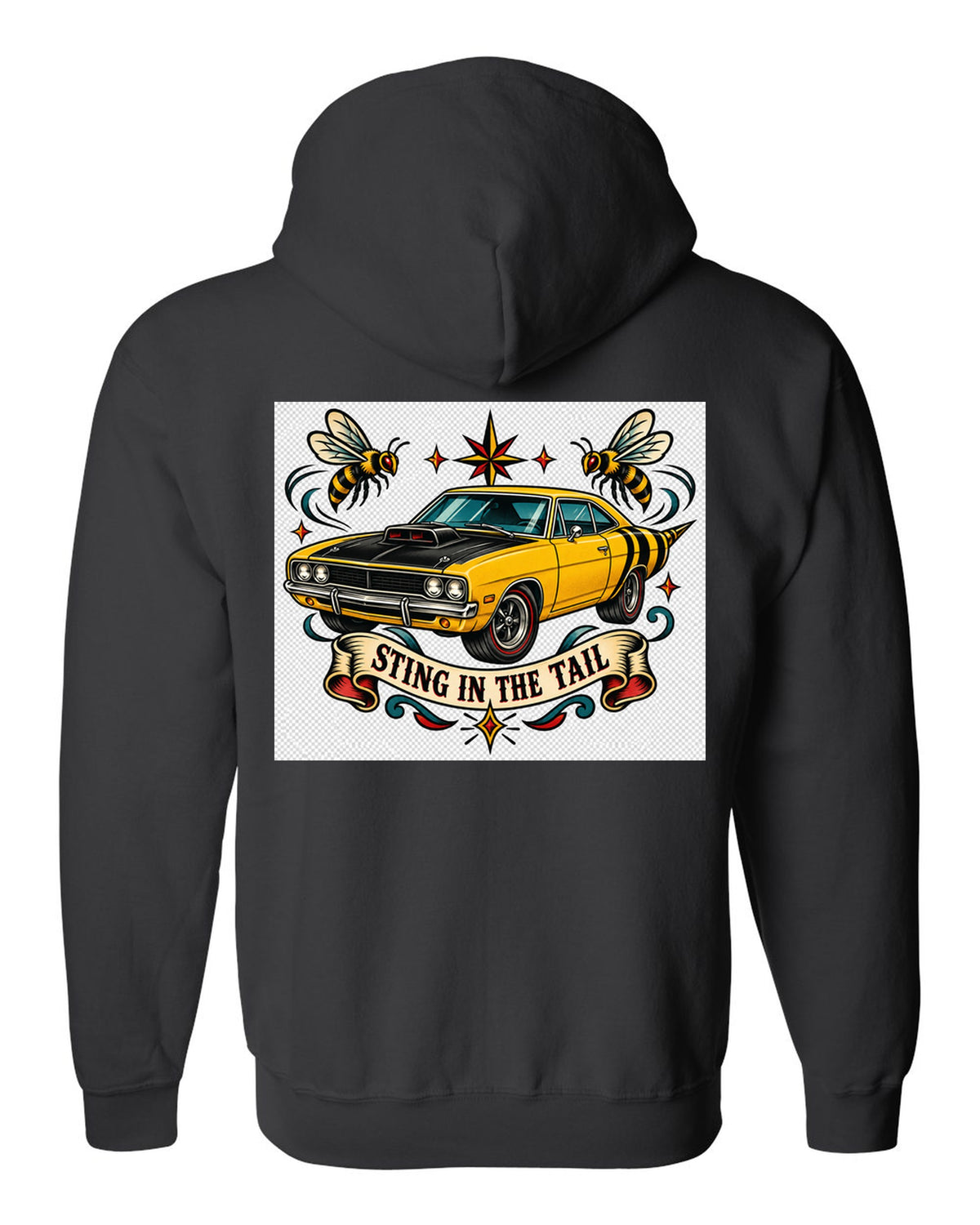 Hand-drawn tattoo flash print of a 1969 Dodge Coronet Super Bee with sting in the tail text black zip hoodie back view with the design