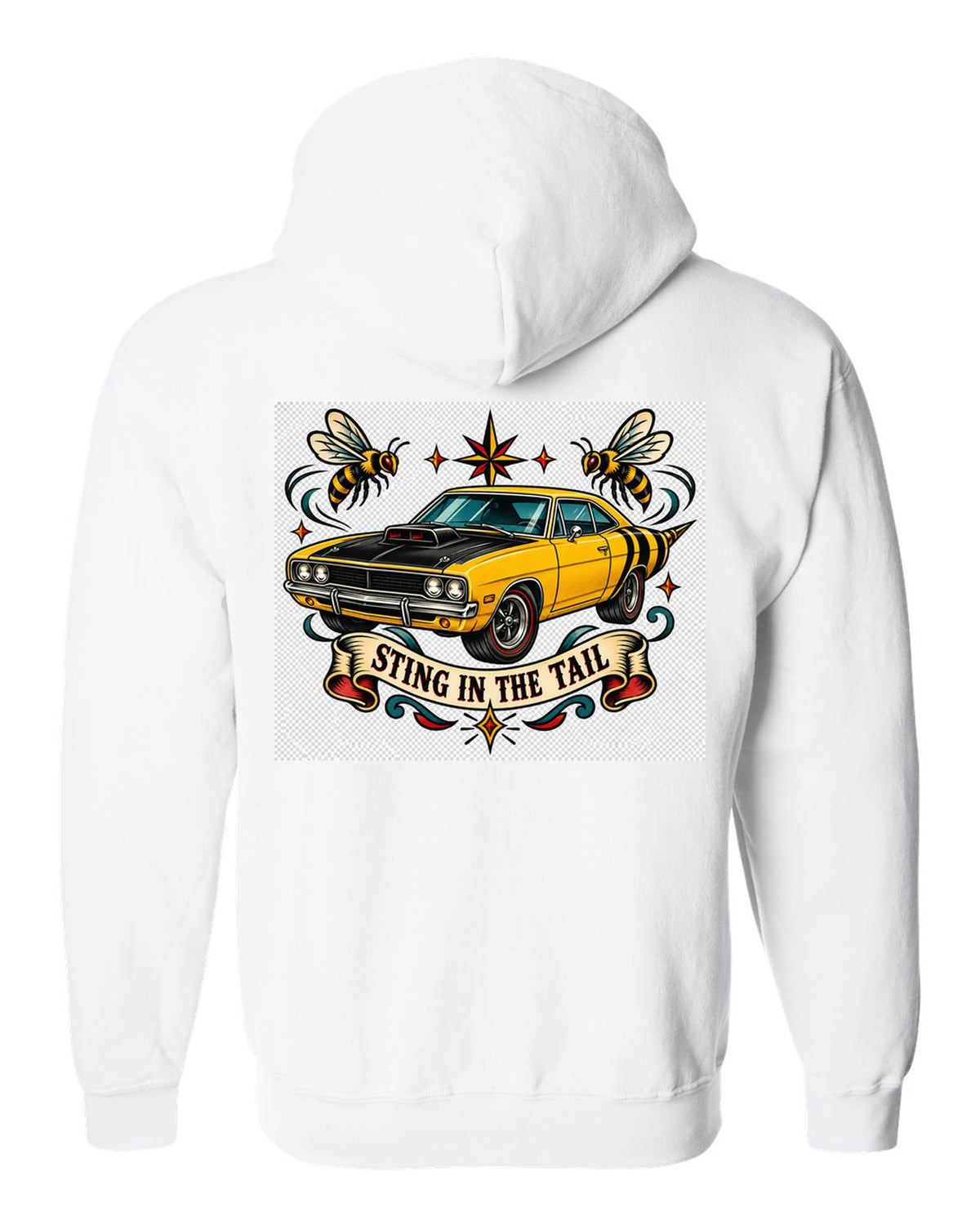 Hand-drawn tattoo flash print of a 1969 Dodge Coronet Super Bee with sting in the tail text white zip hoodie back view with the design