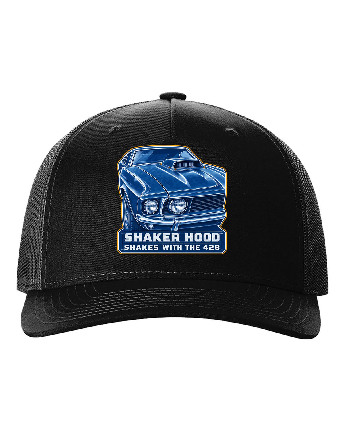 Cyanotype blueprint print of a 1969 Ford Mustang fastback shaker hood black hat front view with the design