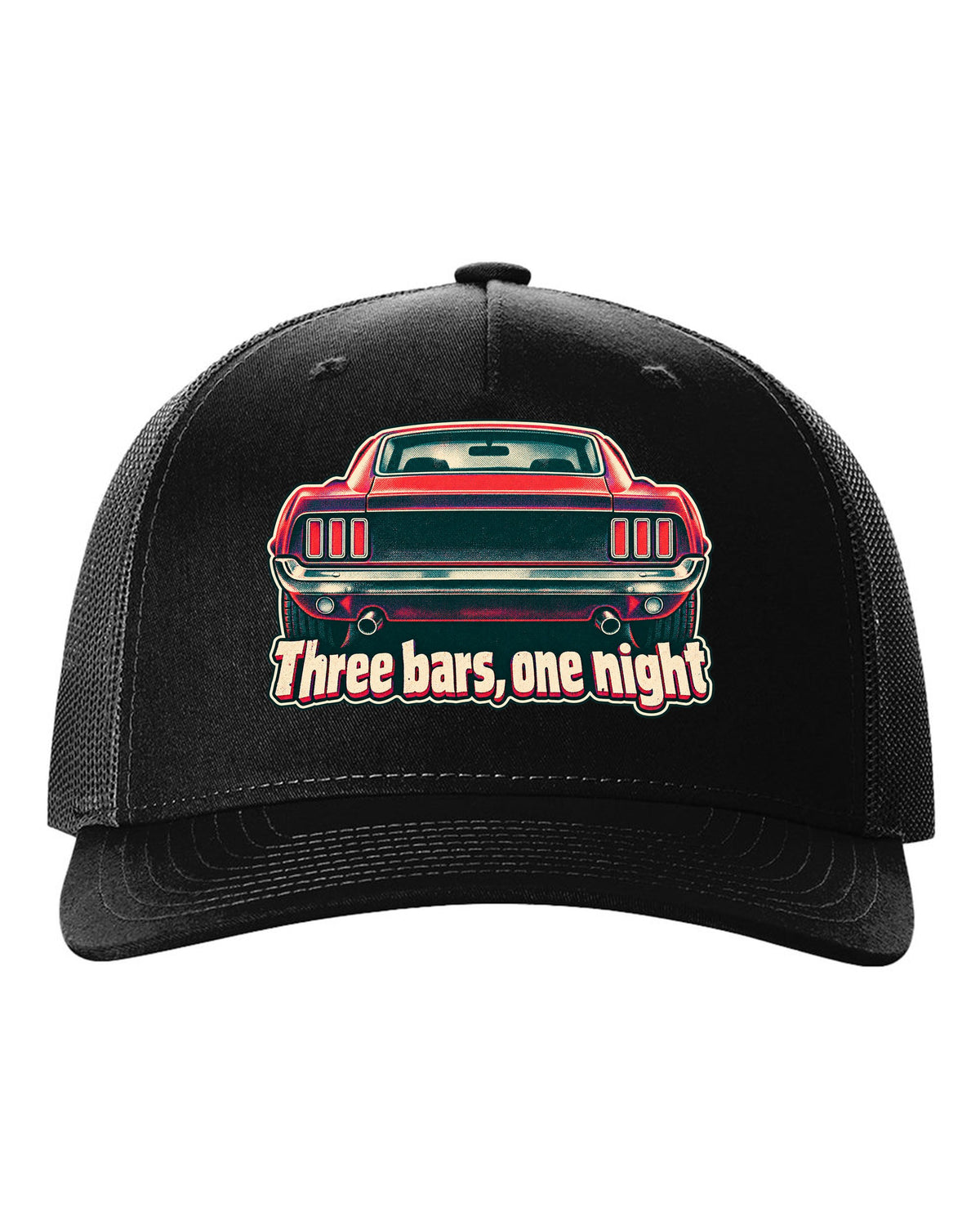 Risograph halftone print of the 1969 Ford Mustang fastback taillights with three bars black hat front view with the design