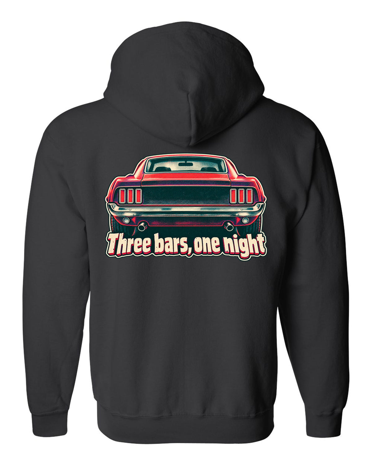 Risograph halftone print of the 1969 Ford Mustang fastback taillights with three bars black zip hoodie back view with the design