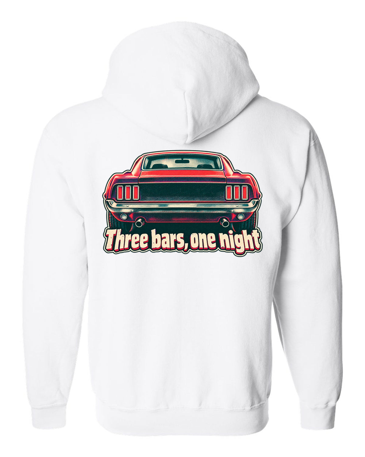 Risograph halftone print of the 1969 Ford Mustang fastback taillights with three bars white zip hoodie back view with the design