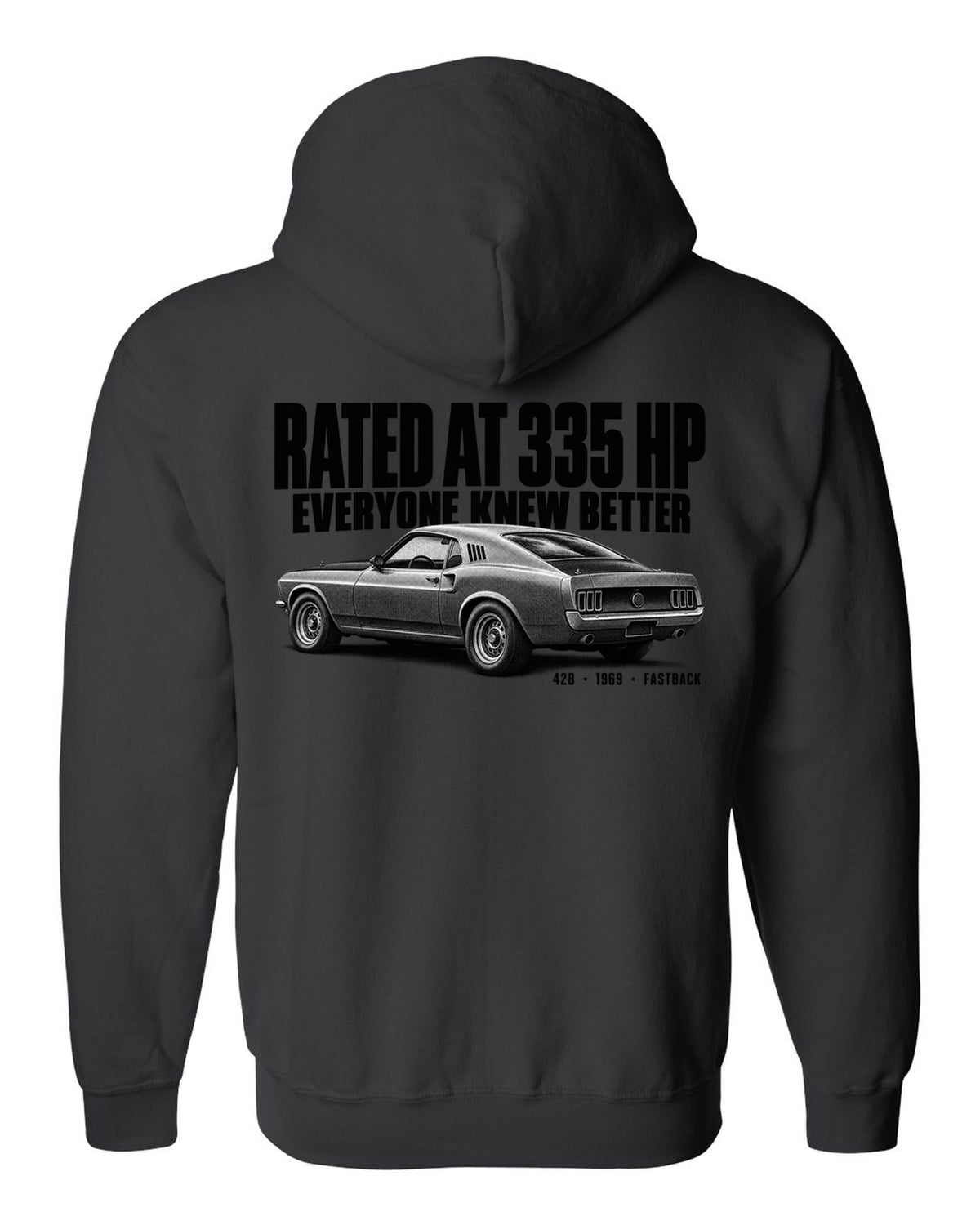 Halftone illustration of a 1969 Ford Mustang fastback with rated at 335 HP lettering black zip hoodie back view with the design