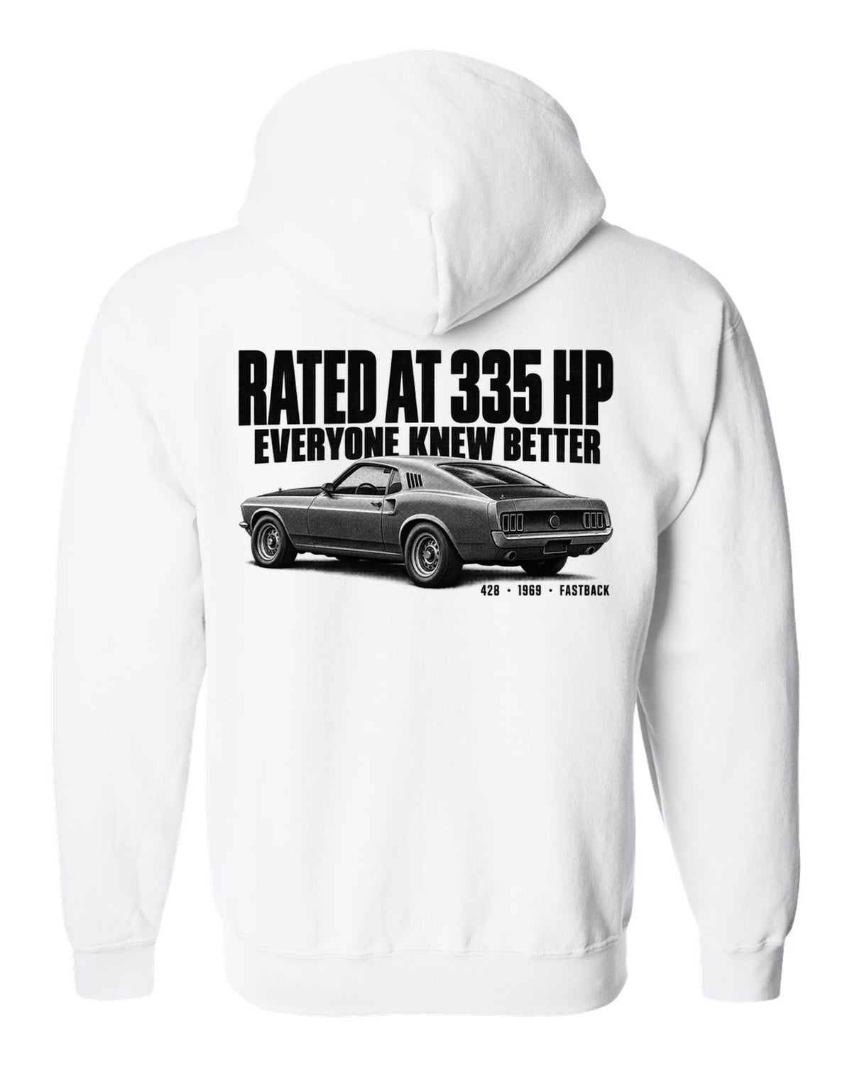 Halftone illustration of a 1969 Ford Mustang fastback with rated at 335 HP lettering white zip hoodie back view with the design