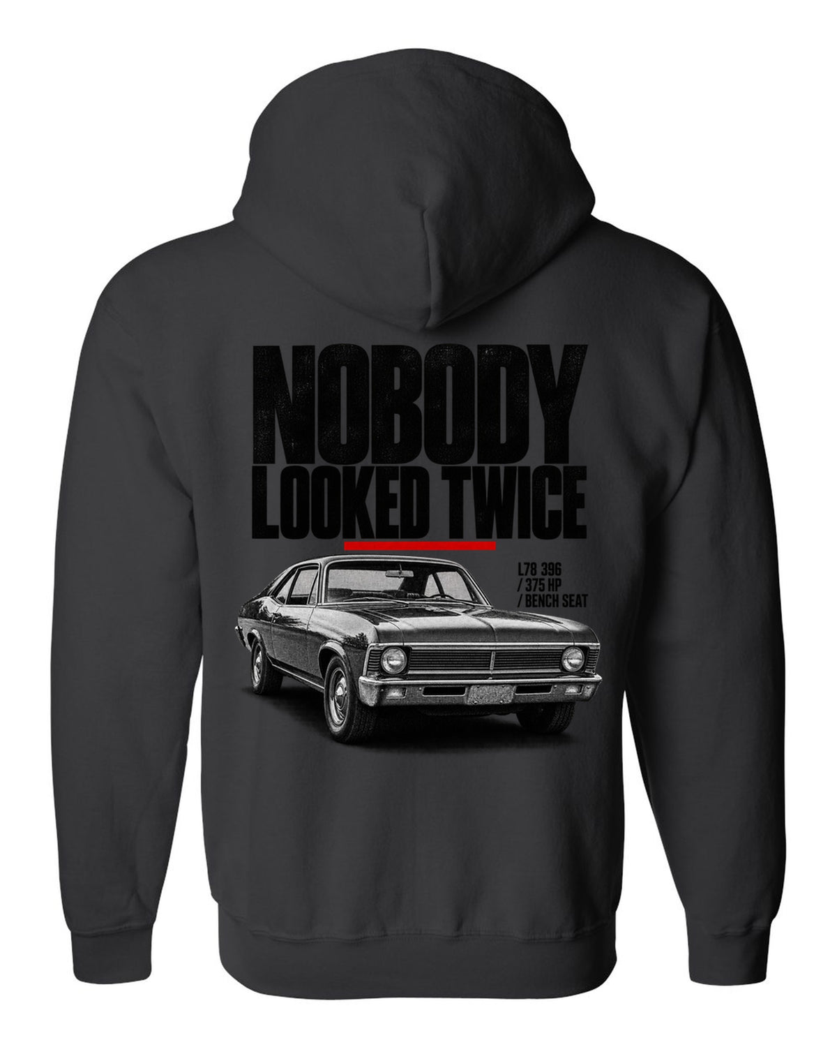 1969 Nova SS 396 halftone front three-quarter print with L78 396 specs black zip hoodie back view with the design