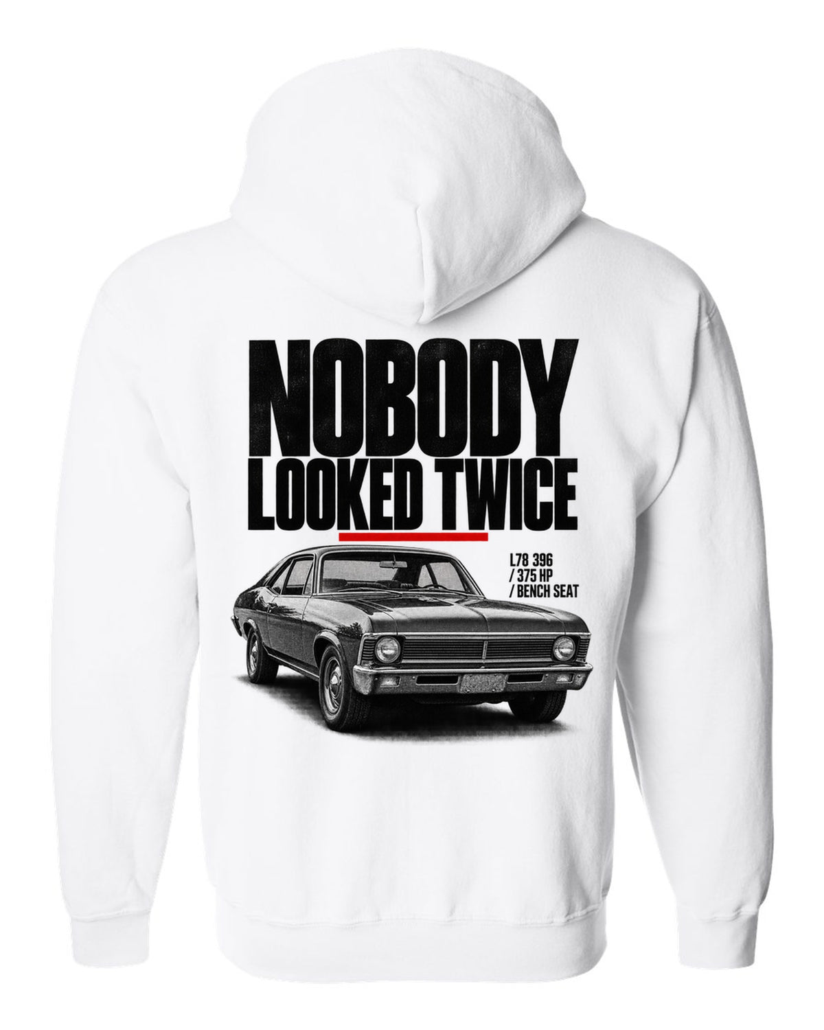 1969 Nova SS 396 halftone front three-quarter print with L78 396 specs white zip hoodie back view with the design