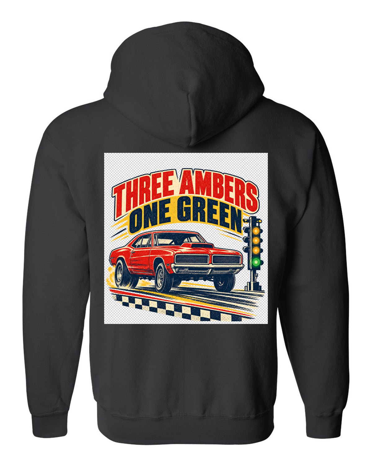 Vintage drag-race poster of a 1969 Plymouth Road Runner with the Christmas tree lights black zip hoodie back view with the design