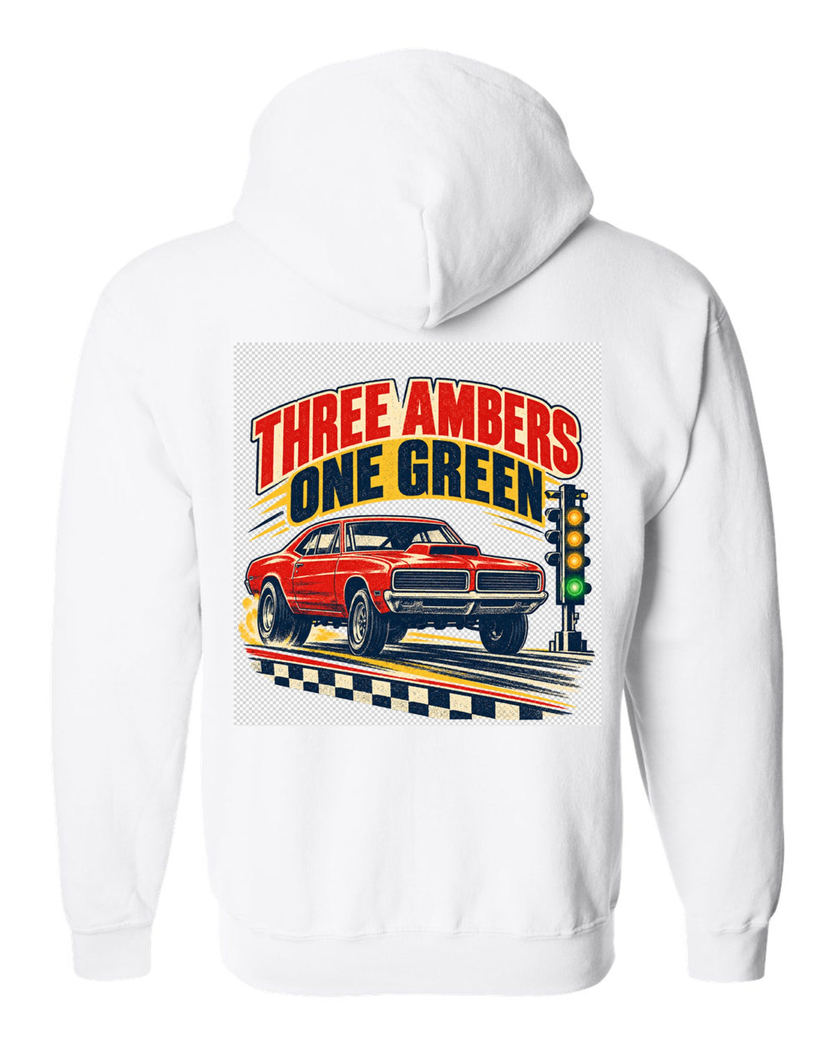 Vintage drag-race poster of a 1969 Plymouth Road Runner with the Christmas tree lights white zip hoodie back view with the design