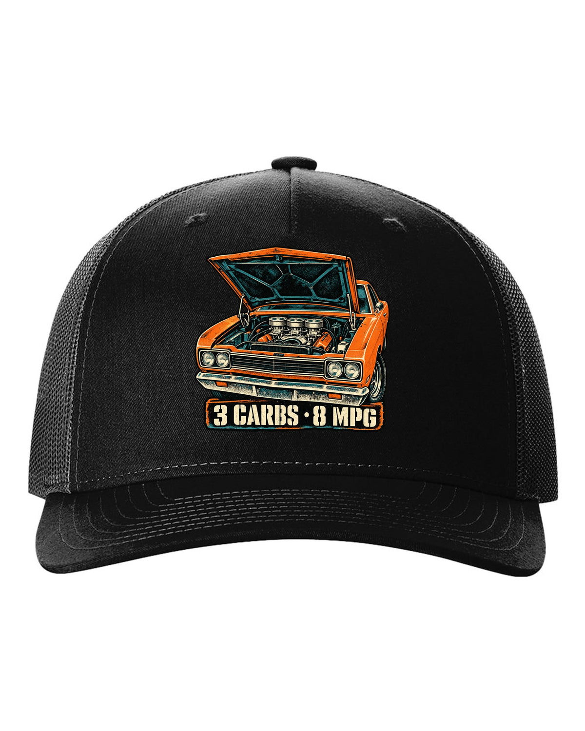Four-colour grunge screen-print of a 1969 Plymouth Road Runner Six Pack with 3 carbs 8 MPG text black hat front view with the design