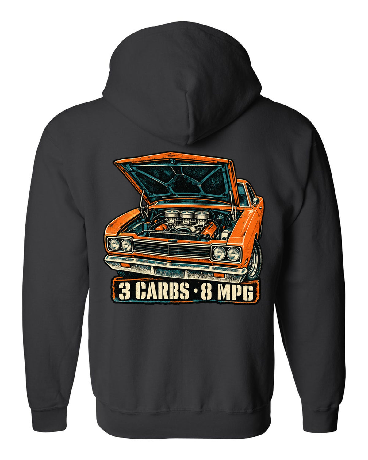 Four-colour grunge screen-print of a 1969 Plymouth Road Runner Six Pack with 3 carbs 8 MPG text black zip hoodie back view with the design