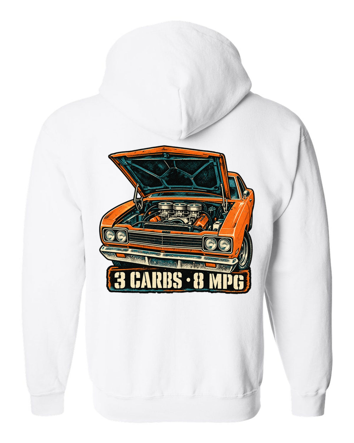 Four-colour grunge screen-print of a 1969 Plymouth Road Runner Six Pack with 3 carbs 8 MPG text white zip hoodie back view with the design