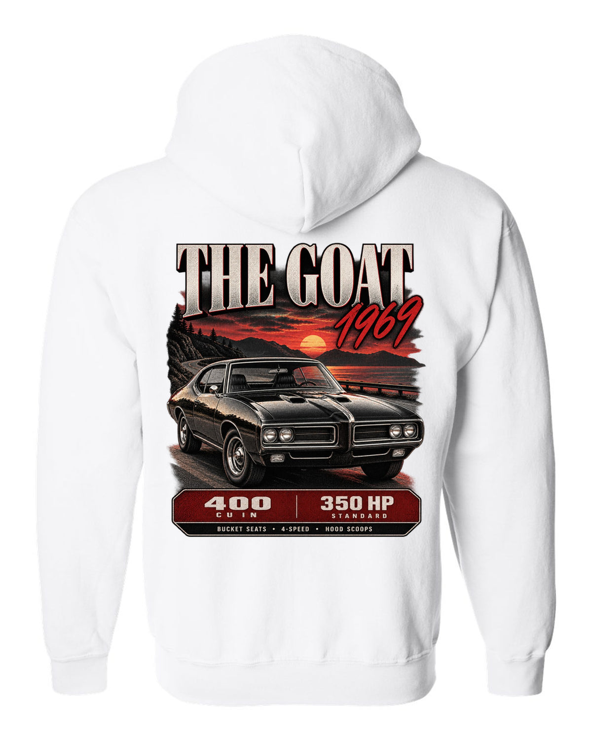 1969 Pontiac GTO archive panel print with 400 cu in spec callouts white zip hoodie back view with the design