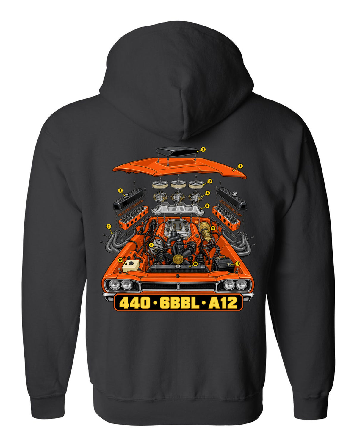 Isometric exploded technical drawing of the 440 six-barrel engine in a 1969 Dodge Coronet Super Bee A12 black zip hoodie back view with the design
