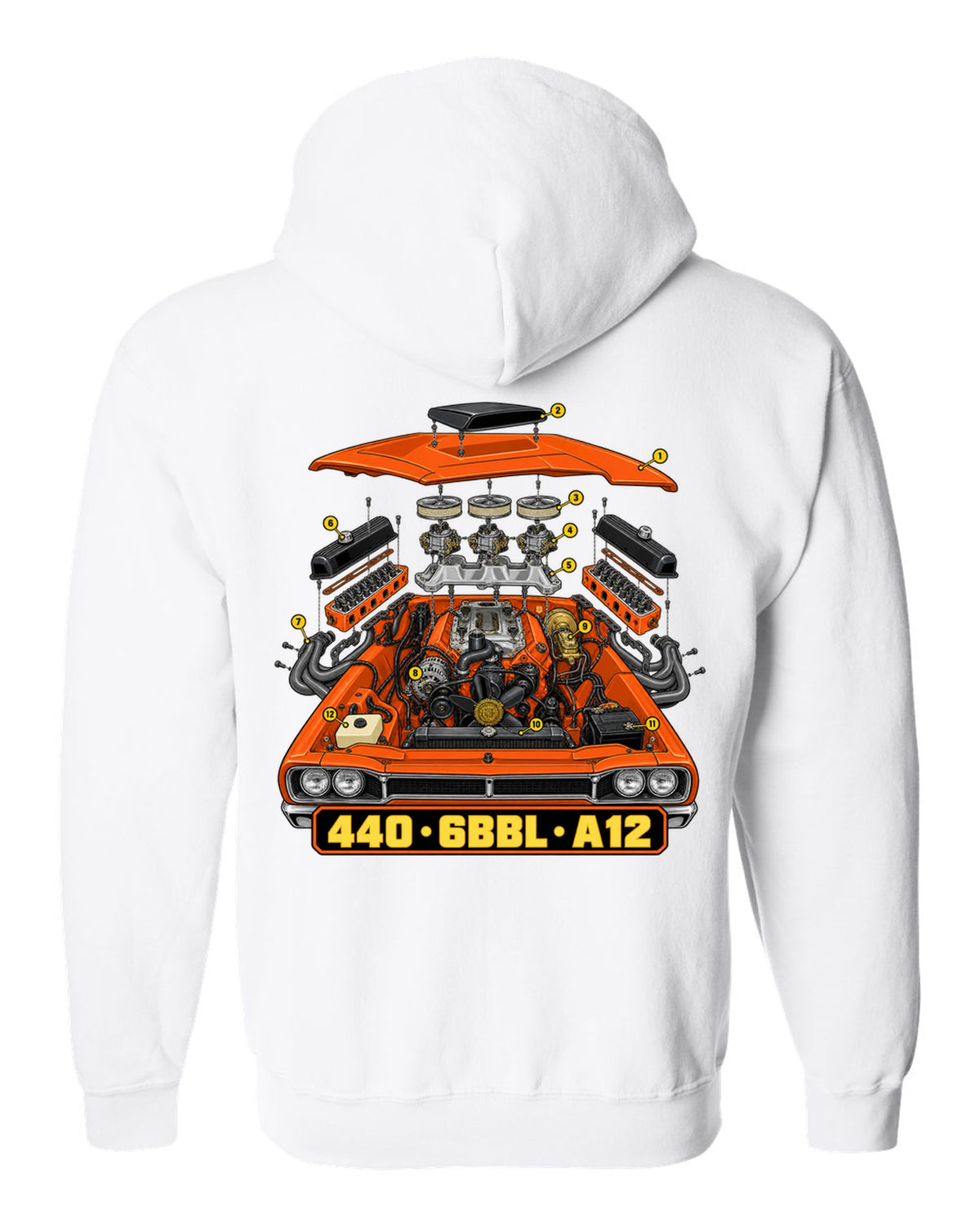 Isometric exploded technical drawing of the 440 six-barrel engine in a 1969 Dodge Coronet Super Bee A12 white zip hoodie back view with the design