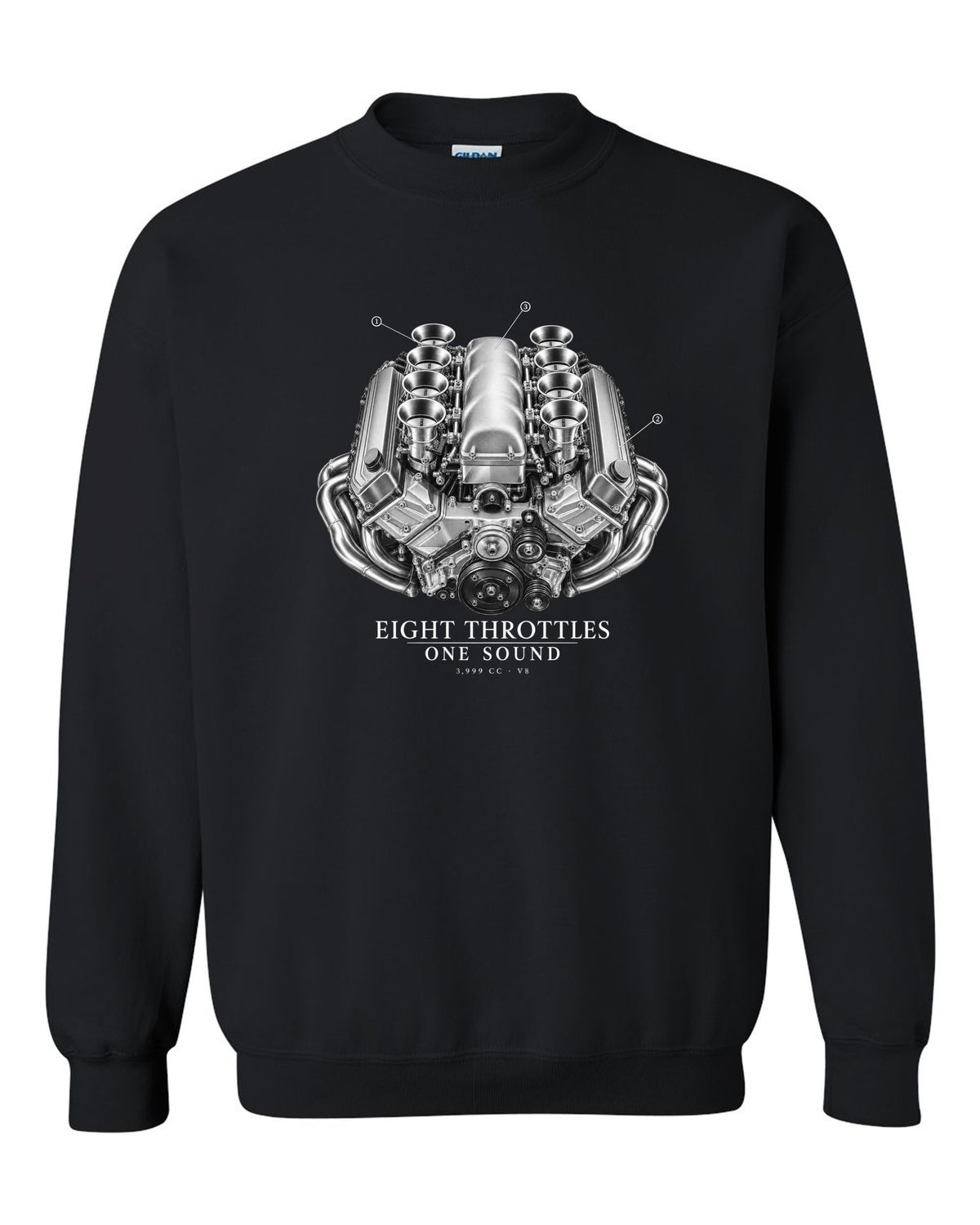 BMW E92 M3 S65 V8 engine illustration print with eight throttles lettering black crewneck front view with the design