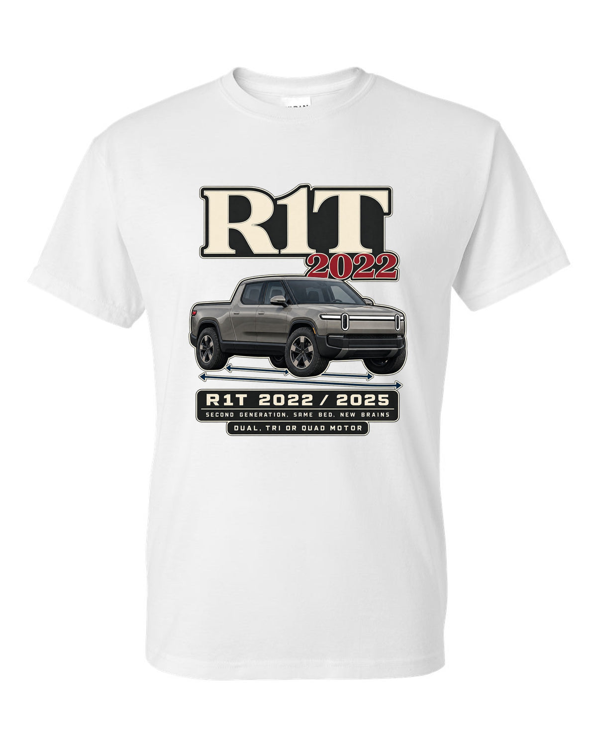 Archive panel print of a Rivian R1T Gen 2 with 2022 and 2025 model years white t-shirt front view with the design