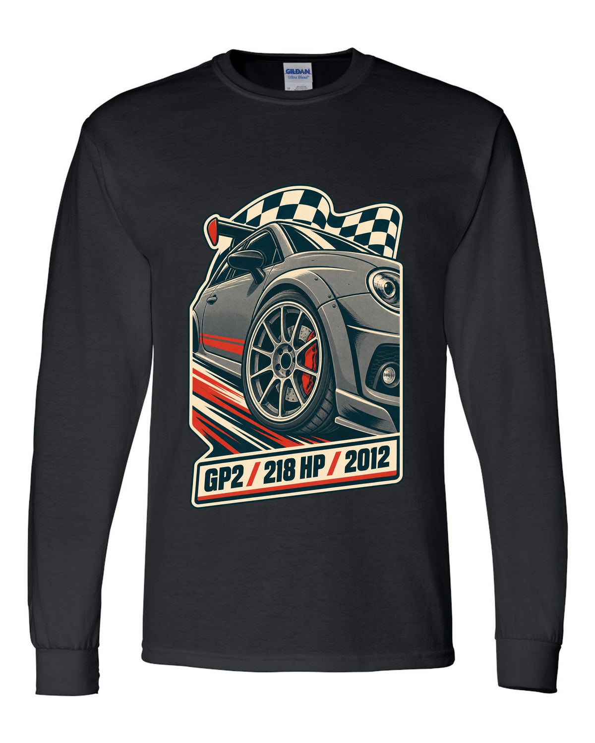 Vintage race poster of the Mini Cooper GP2 R56 with 218 HP and 2012 text black long sleeve front view with the design