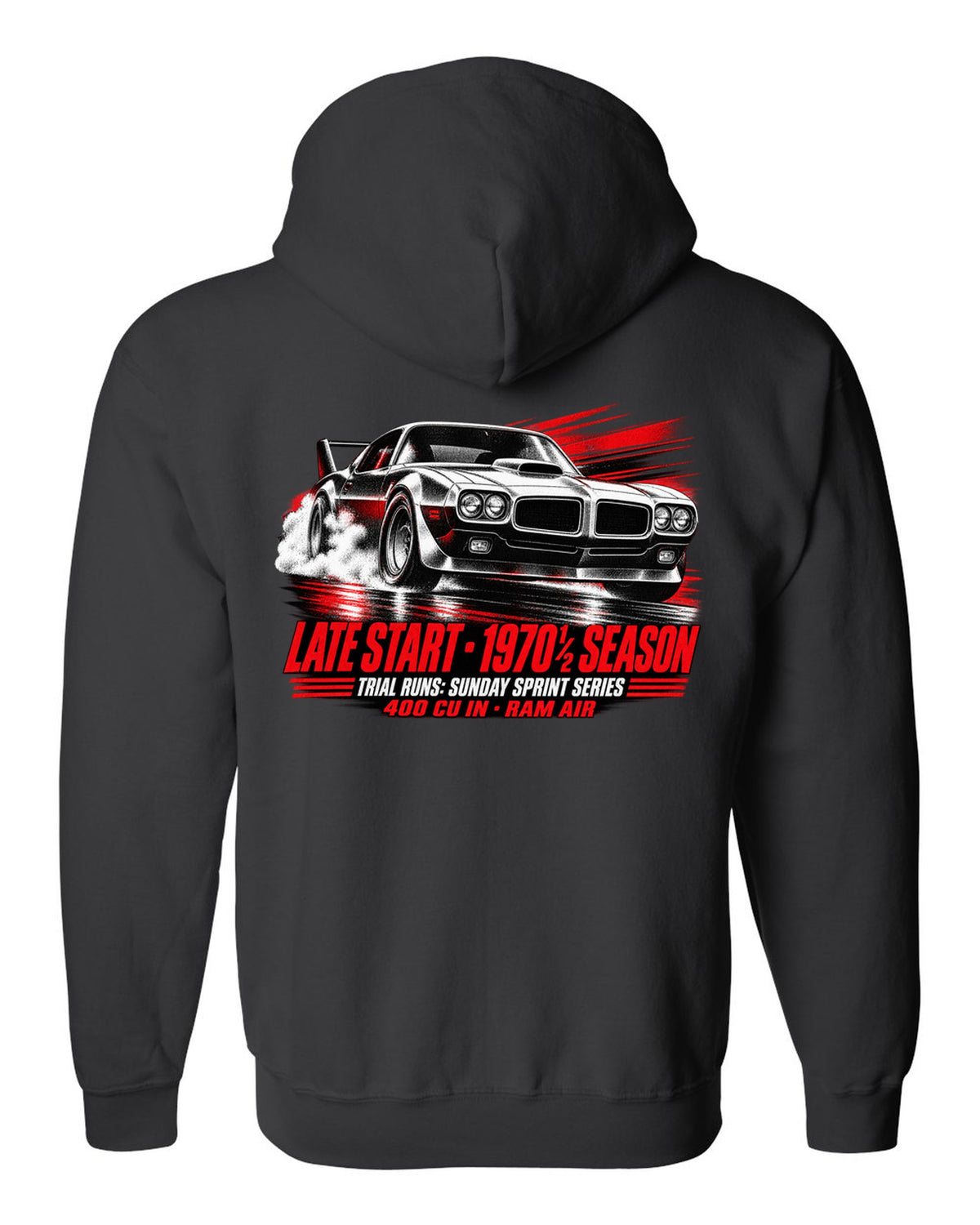 1970 1/2 Pontiac Firebird Trans Am race poster print with Ram Air text black zip hoodie back view with the design