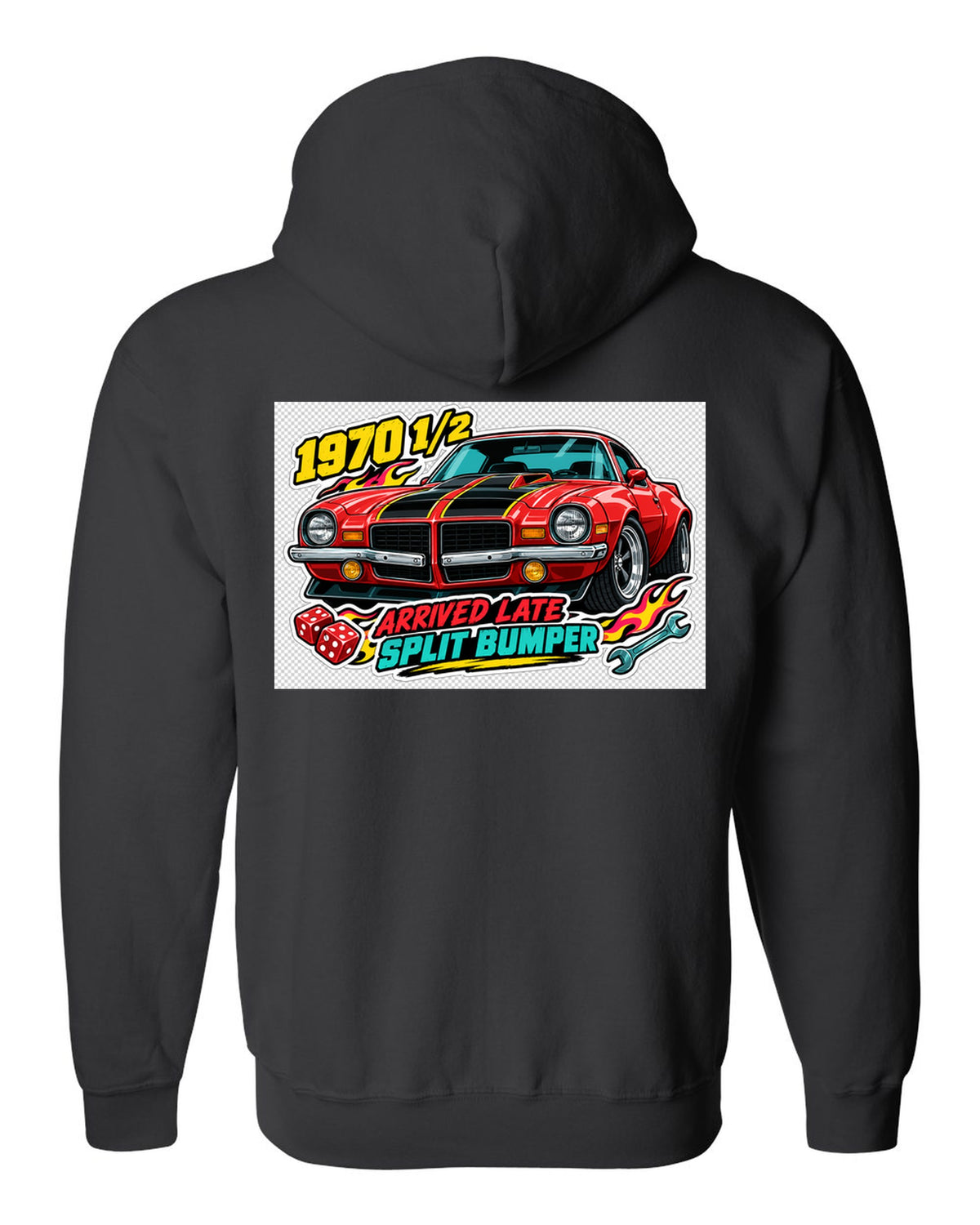 1970 Chevrolet Camaro Z28 split bumper sticker-bomb collage print reading 1970 1/2 Arrived Late black zip hoodie back view with the design