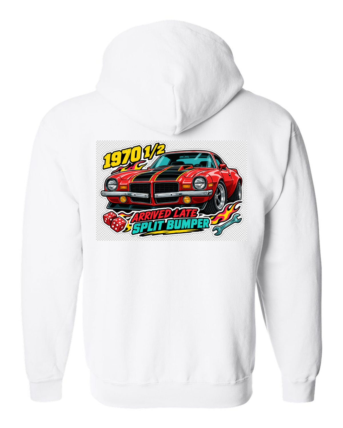 1970 Chevrolet Camaro Z28 split bumper sticker-bomb collage print reading 1970 1/2 Arrived Late white zip hoodie back view with the design