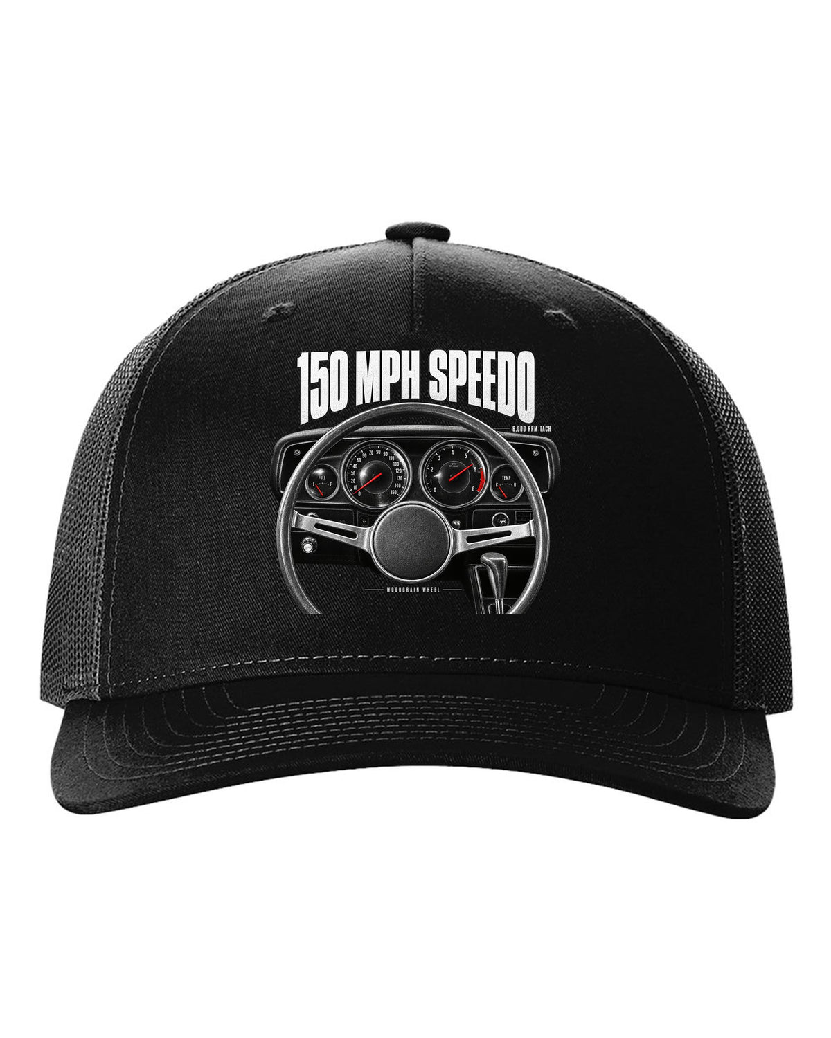Cockpit gauge print of a 1970 Dodge Challenger R/T with speedometer, tach and woodgrain wheel black hat front view with the design