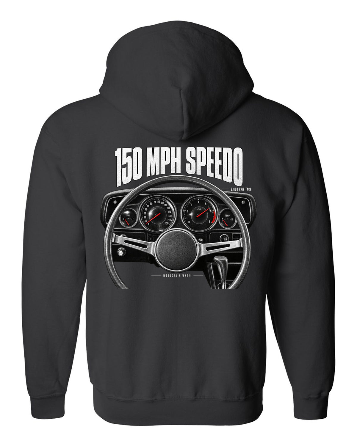 Cockpit gauge print of a 1970 Dodge Challenger R/T with speedometer, tach and woodgrain wheel black zip hoodie back view with the design