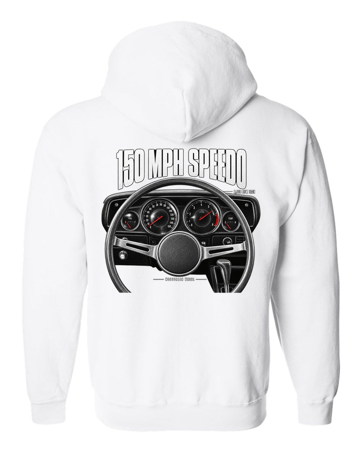 Cockpit gauge print of a 1970 Dodge Challenger R/T with speedometer, tach and woodgrain wheel white zip hoodie back view with the design