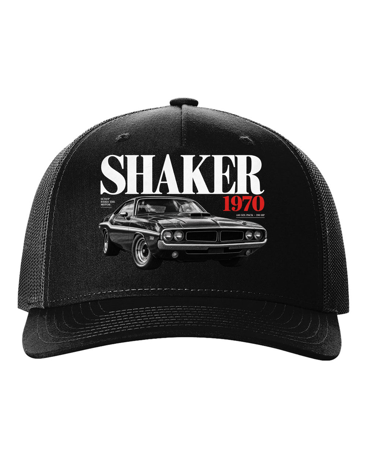 Editorial headline print of a 1970 Dodge Challenger R/T Shaker with 440 Six Pack text black hat front view with the design