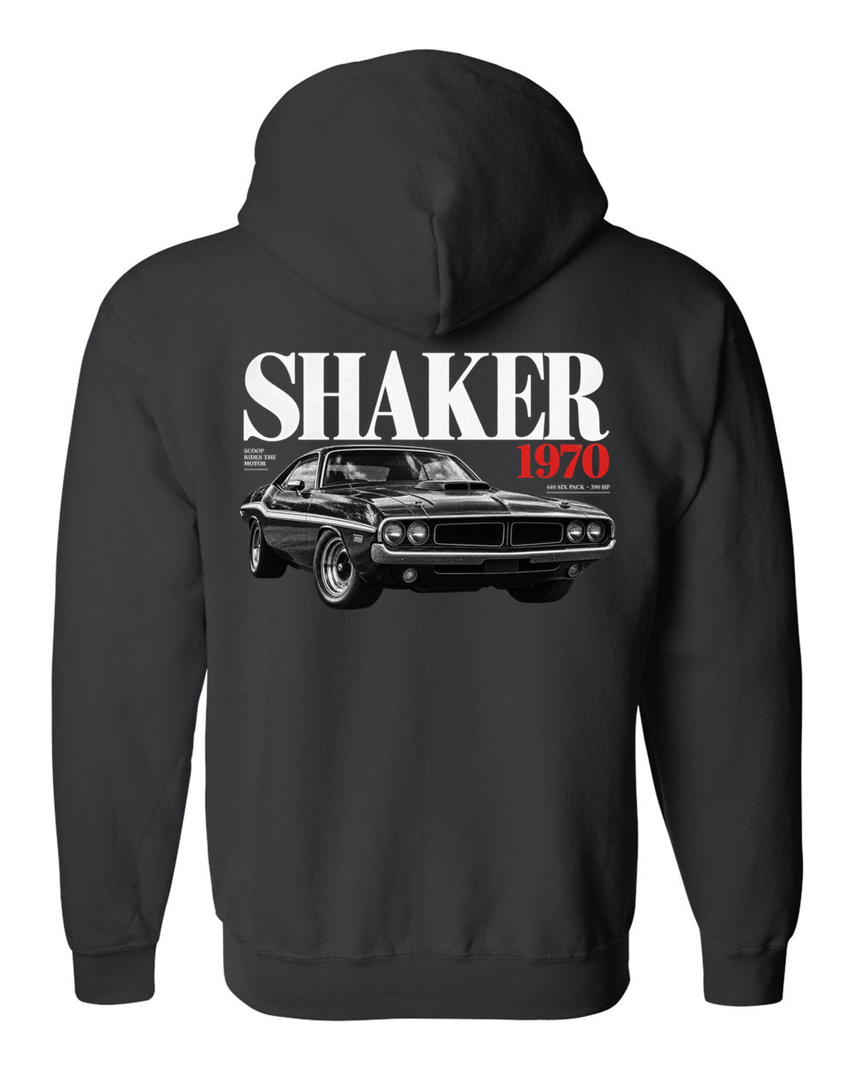 Editorial headline print of a 1970 Dodge Challenger R/T Shaker with 440 Six Pack text black zip hoodie back view with the design