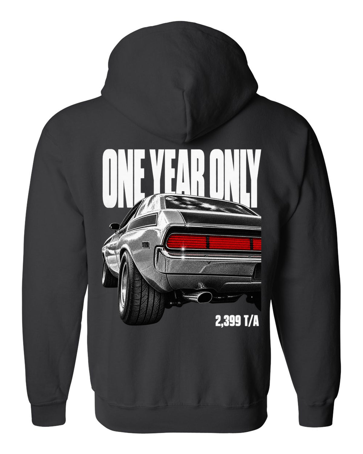 Taillight macro print of a 1970 Dodge Challenger T/A with one year only 2,399 T/A text black zip hoodie back view with the design