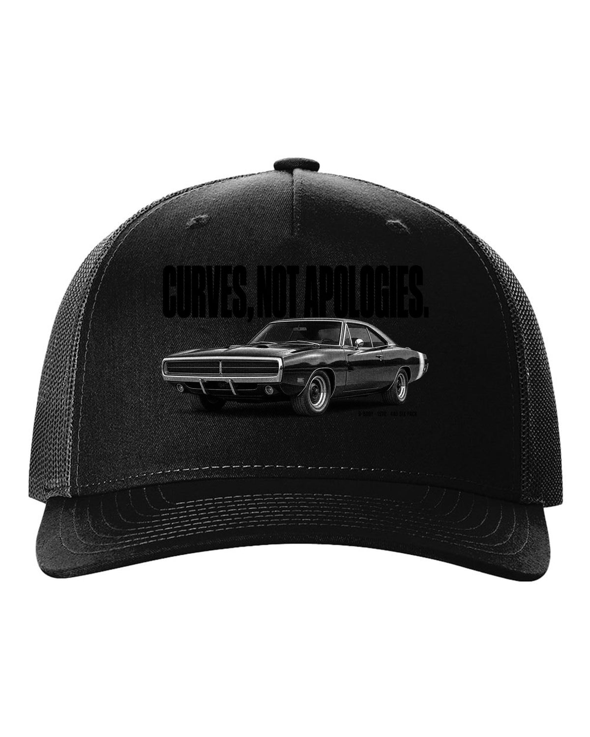 Halftone statement print of a 1970 Dodge Charger R/T with curves not apologies text black hat front view with the design