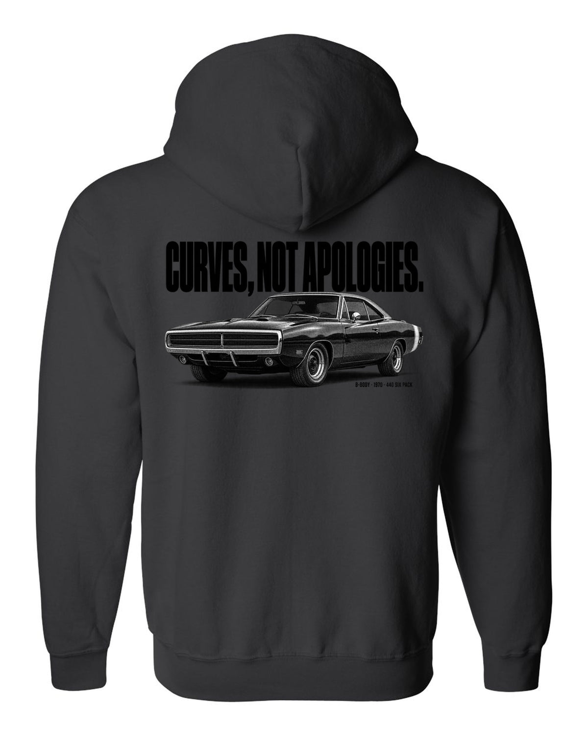 Halftone statement print of a 1970 Dodge Charger R/T with curves not apologies text black zip hoodie back view with the design