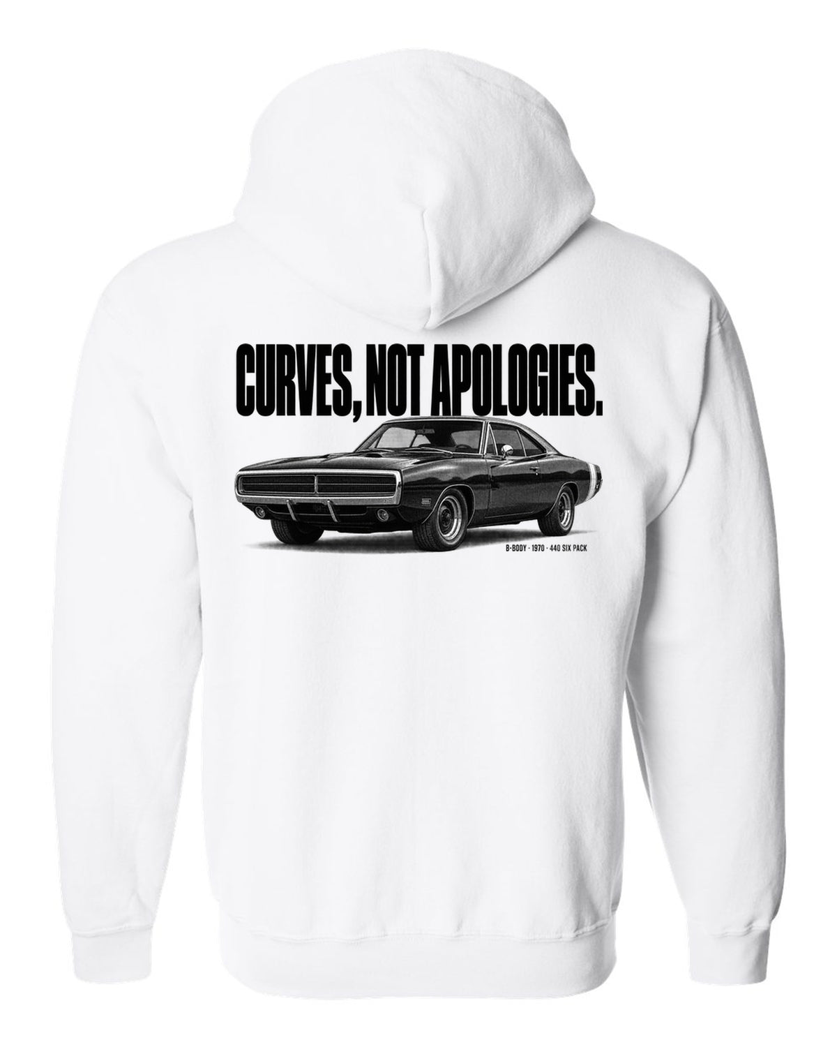Halftone statement print of a 1970 Dodge Charger R/T with curves not apologies text white zip hoodie back view with the design