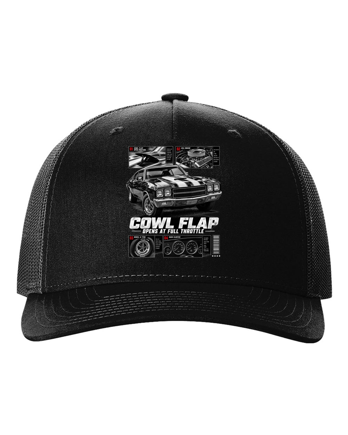 1970 Chevelle SS 454 dossier panel print with cowl flap detail black hat front view with the design