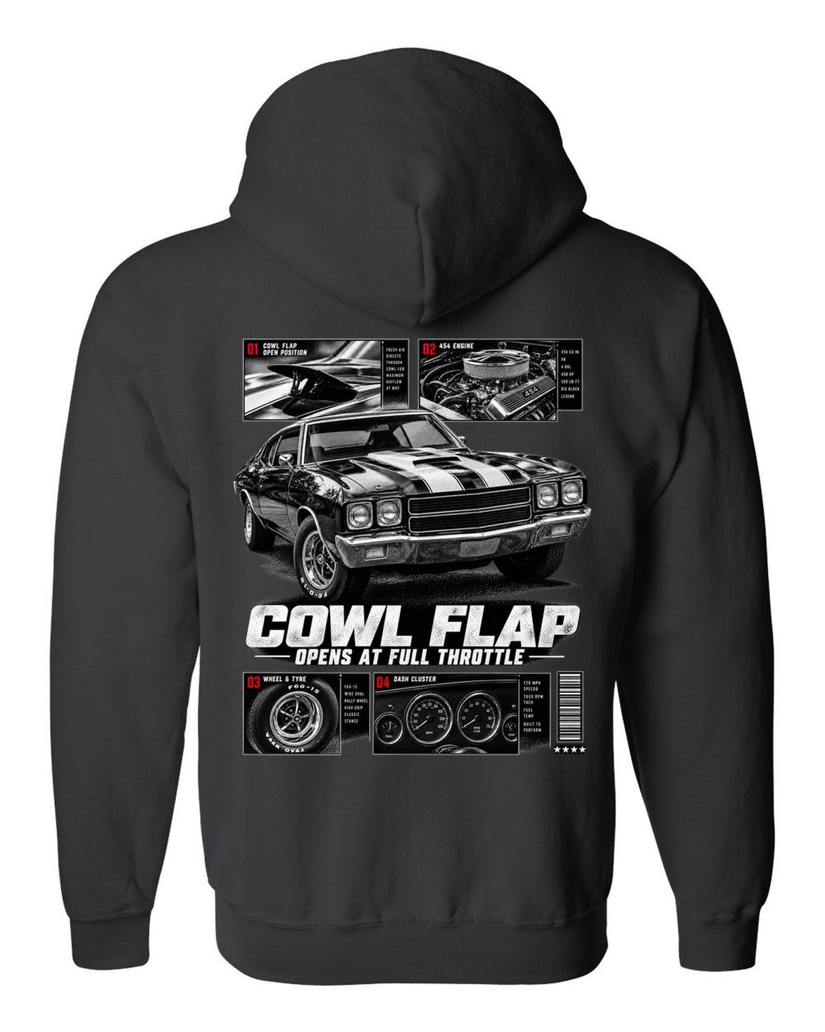 1970 Chevelle SS 454 dossier panel print with cowl flap detail black zip hoodie back view with the design
