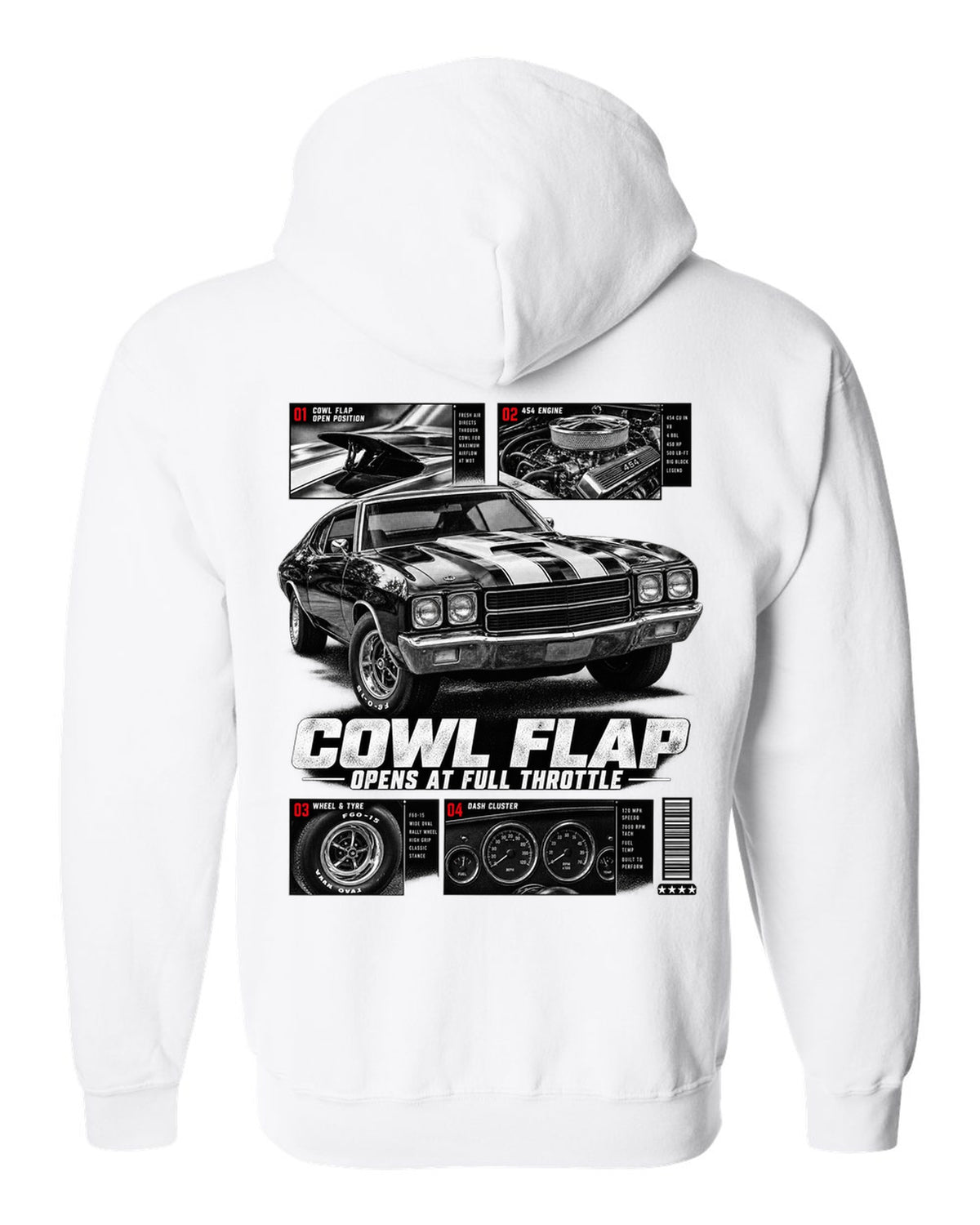 1970 Chevelle SS 454 dossier panel print with cowl flap detail white zip hoodie back view with the design