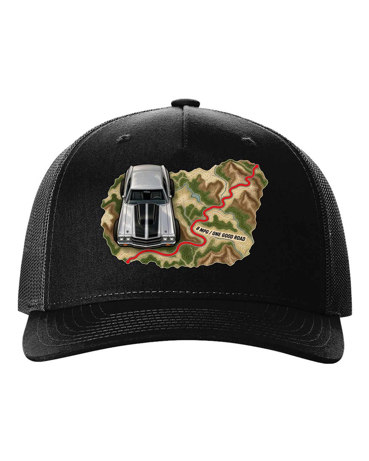 1970 Chevelle SS 454 on a topographic route map with the text 8 MPG One Good Road black hat front view with the design