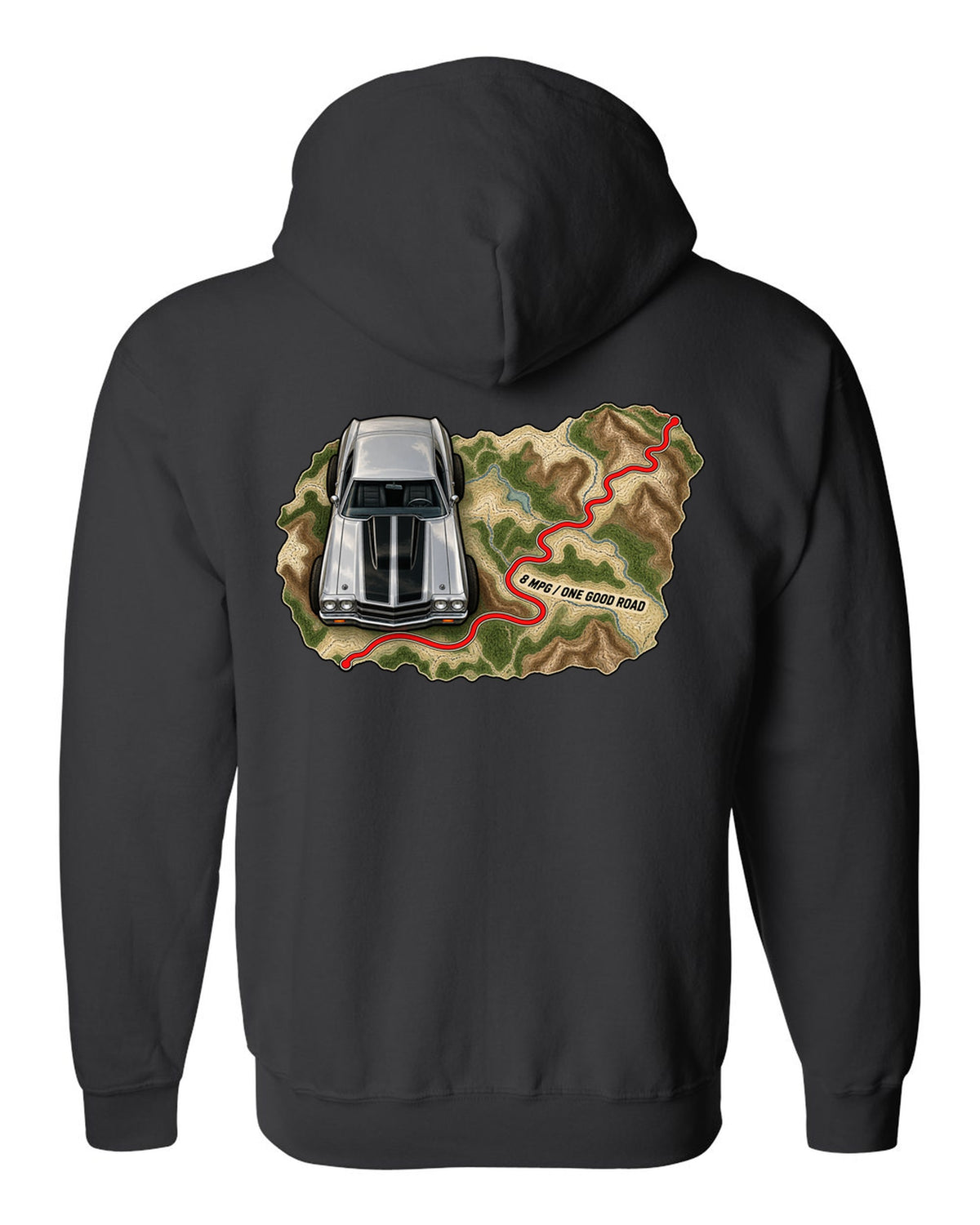 1970 Chevelle SS 454 on a topographic route map with the text 8 MPG One Good Road black zip hoodie back view with the design