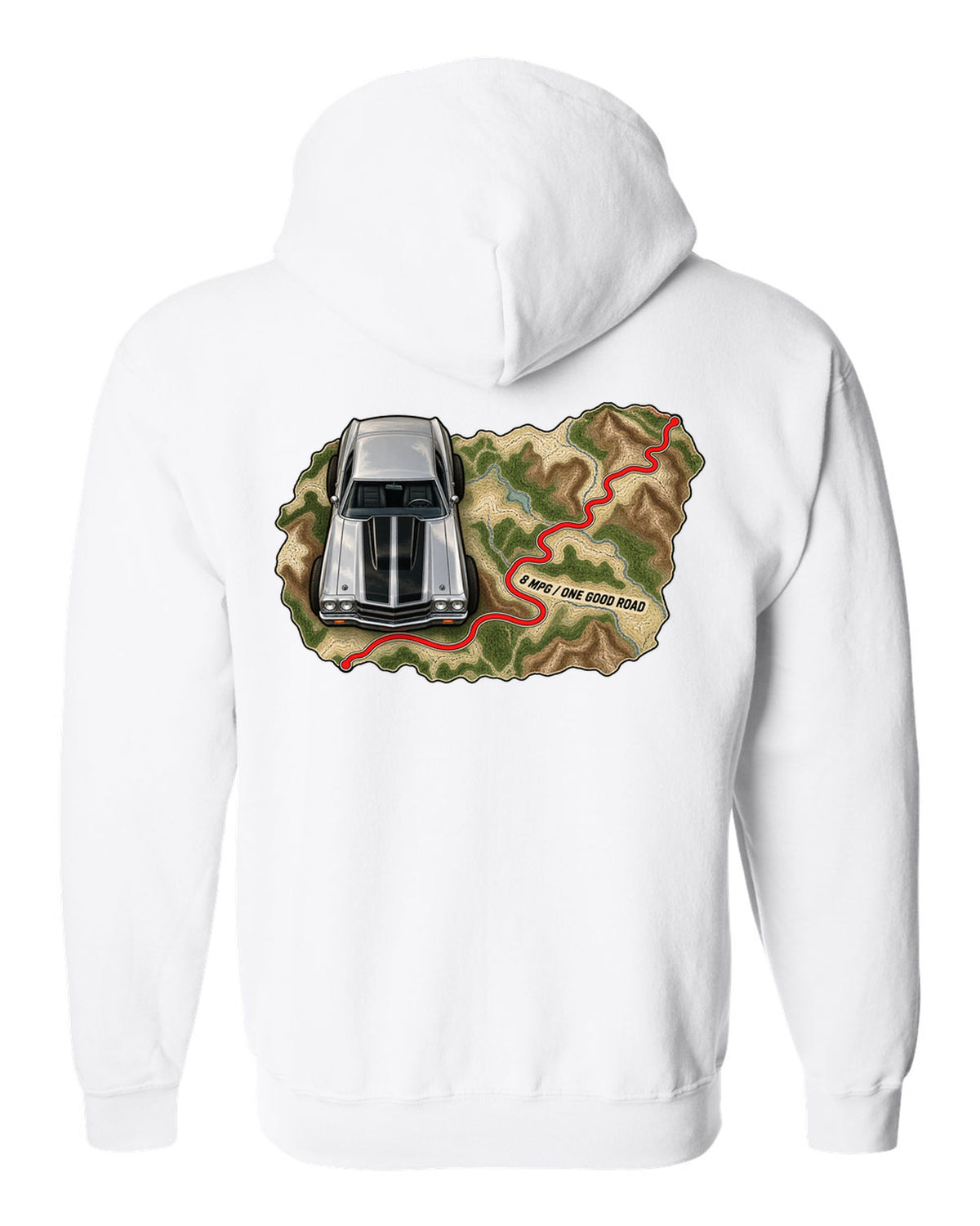 1970 Chevelle SS 454 on a topographic route map with the text 8 MPG One Good Road white zip hoodie back view with the design