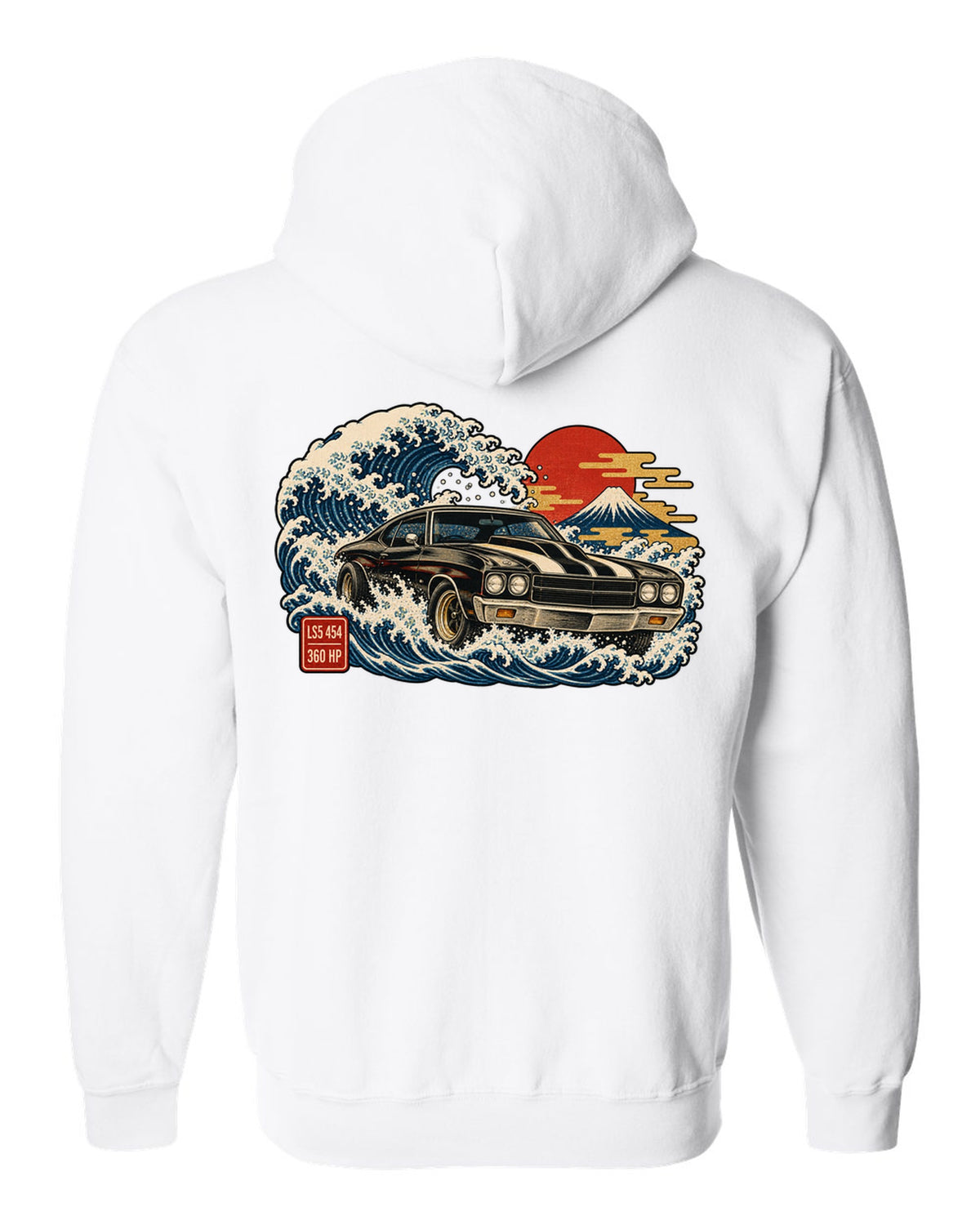 1970 Chevelle SS on a great wave in ukiyo-e woodblock style with text LS5 454 360 HP white zip hoodie back view with the design
