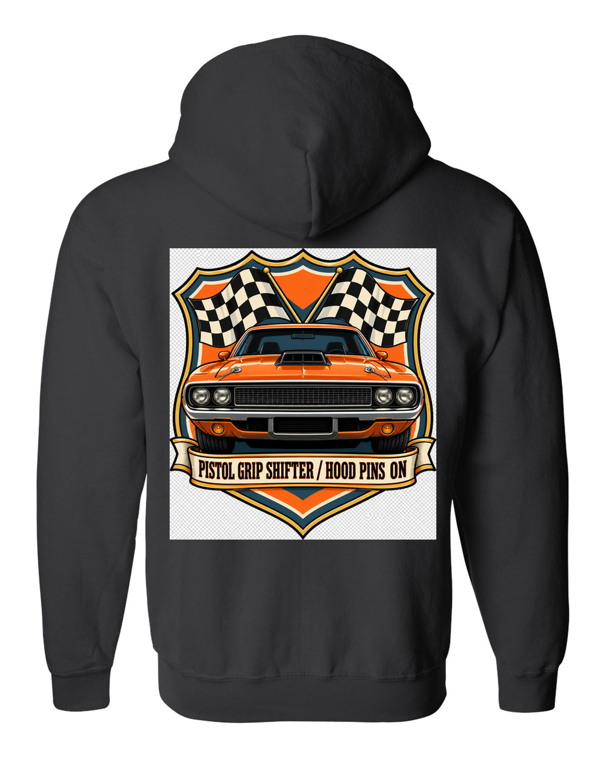 Shield crest design for a 1970 Dodge Challenger R/T E-body with pistol grip shifter caption black zip hoodie back view with the design